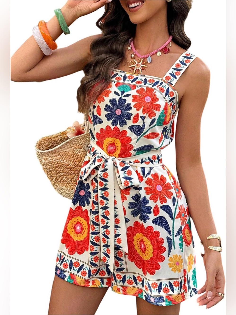 NWOT Sweaty Rocks Floral Tie-Waist Romper in White with Red & Blue Blooms 1XL